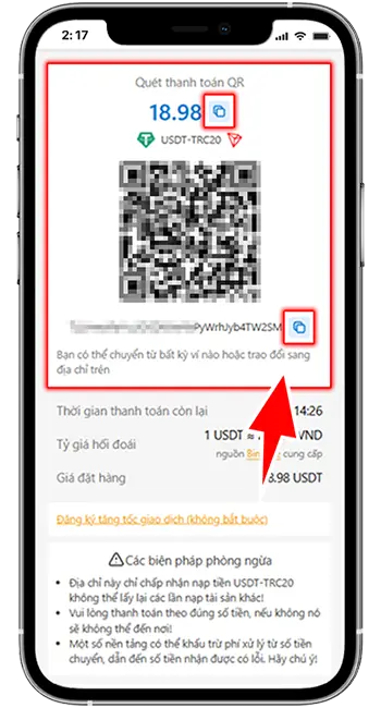 Bước 3: Sao chép địa chỉ mã ví USDT hoặc chụp ảnh mã QR để sang Binance thực hiện chuyển tiền.